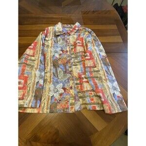Vintage Life Style Woman Button Up Jacket Size 2x Blue/Multicolor Embroidery